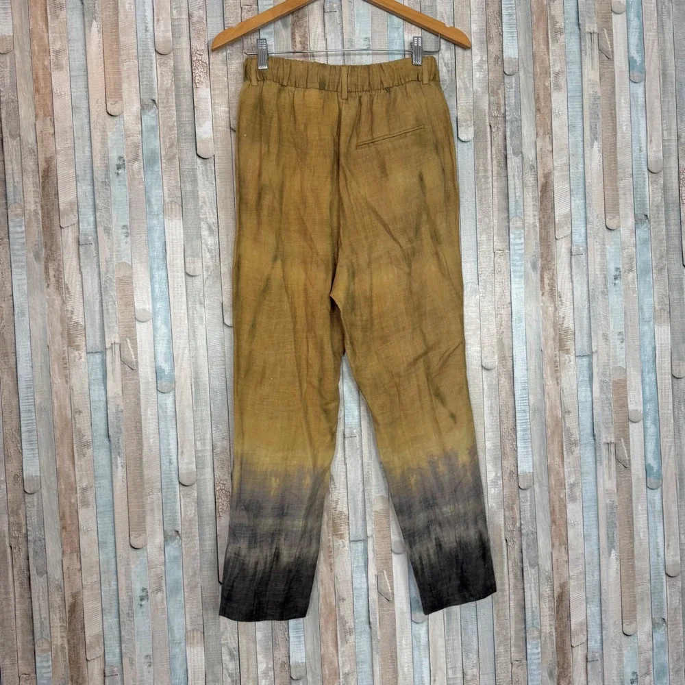 Zara XS Ombre Dip Tie Dye Linen Blend Pull On Trousers Pants Mustard Yellow Grey